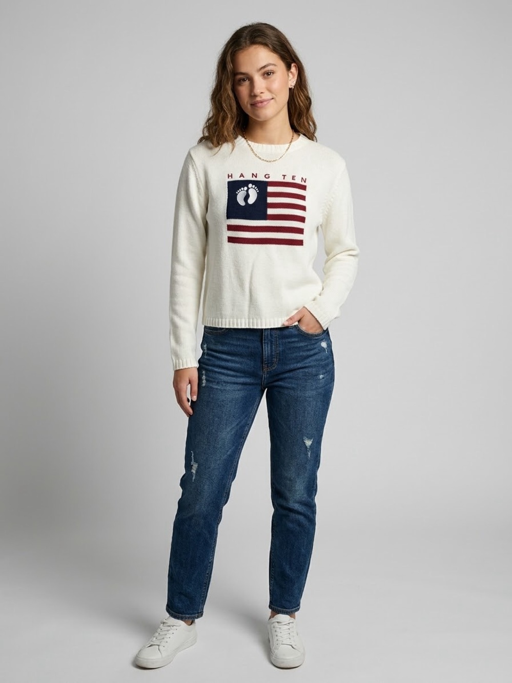 Hang Ten Cream Crewneck Sweater with Red and Navy American Flag, Size Medium